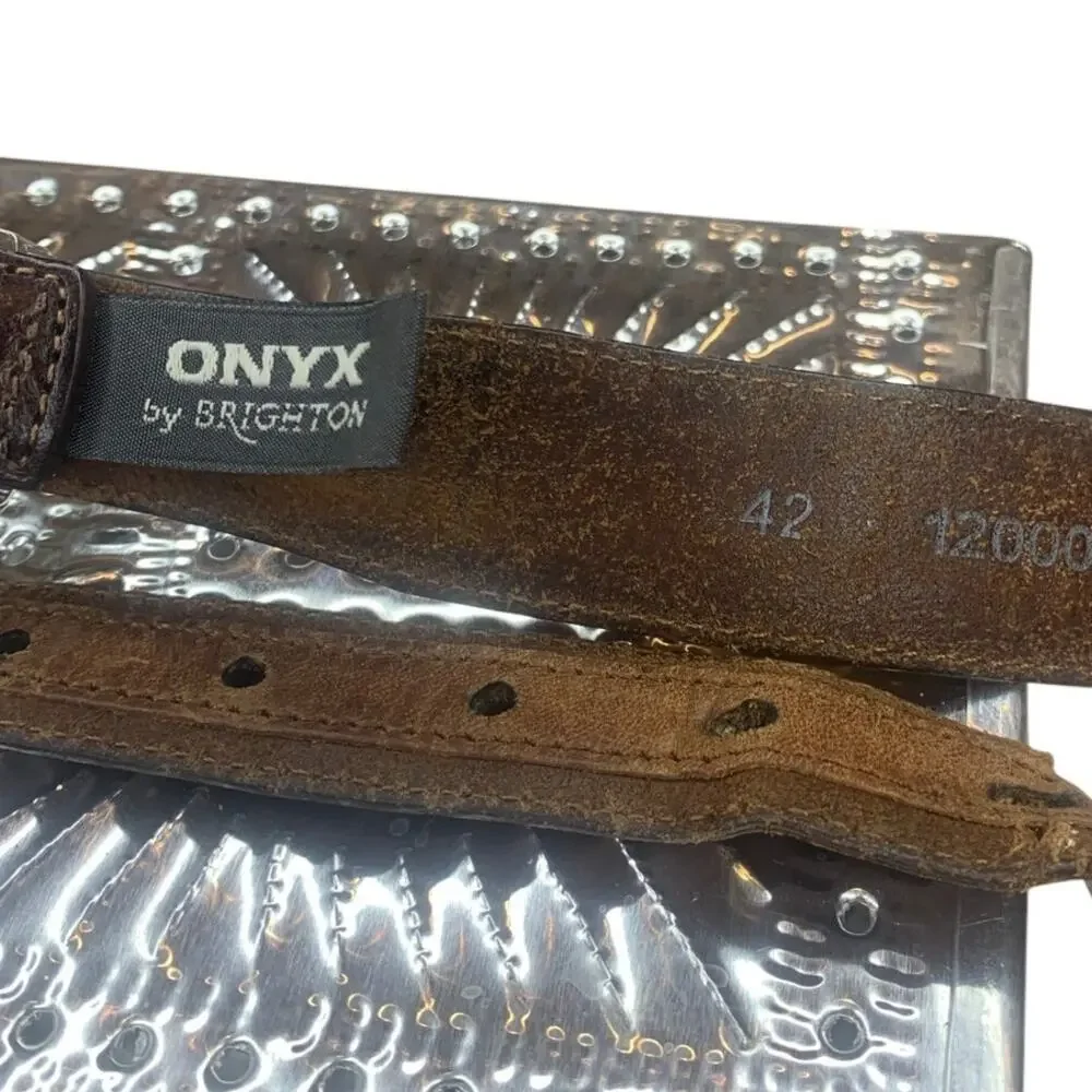 Onyx by Brighton Belt Leather Large Studded Golfer Conches Brown Silver Buckle